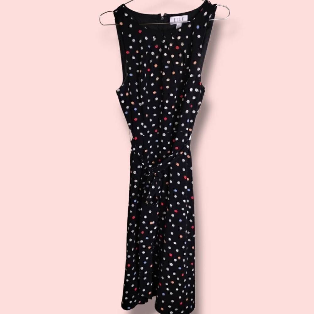 Elle Women's Dress Black Polka Dot Flare Belt Sleeveless Back Zip Crepe‎ Sz 10